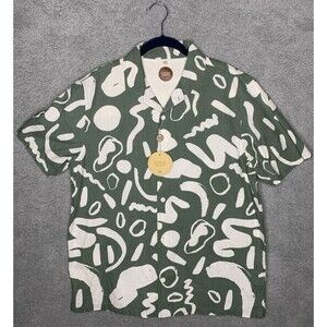 Common People Shirt Mens Large Green White Geometric Seersucker Camp Collar